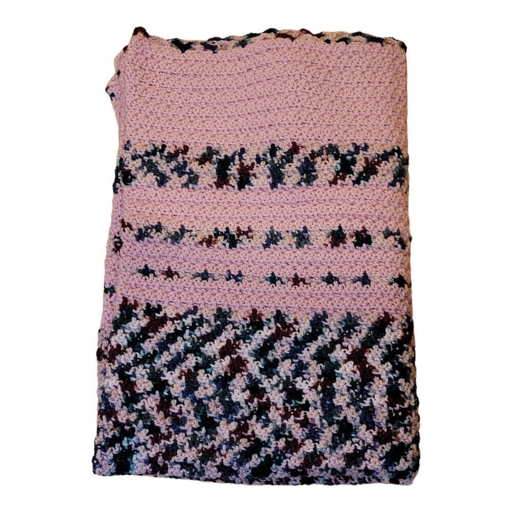 Vintage Handmade Crochet Pink And MultiColor Stiped Afghan Blanket 38x53 - Picture 6 of 7